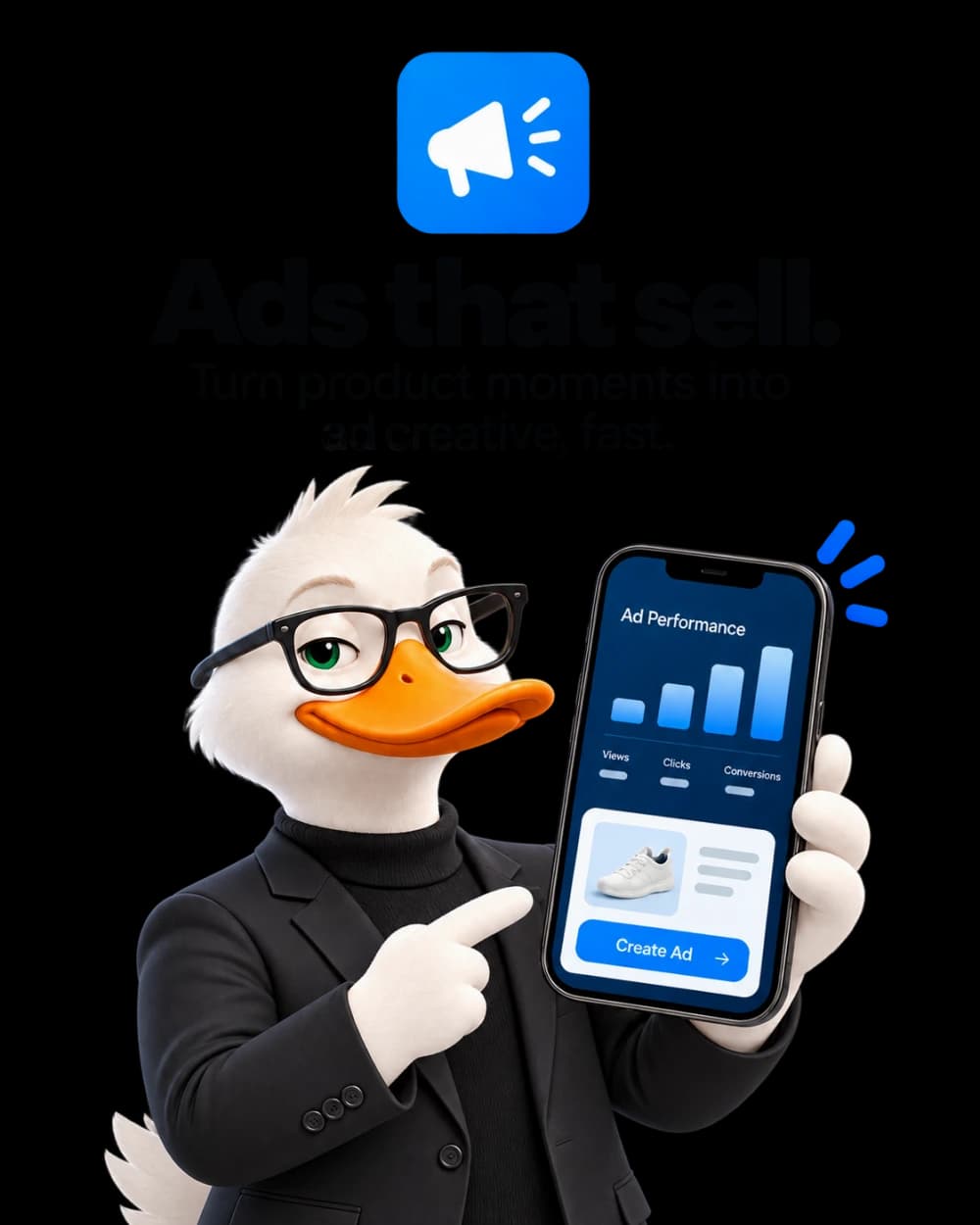 Marka duck reviewing an ad performance dashboard on a phone