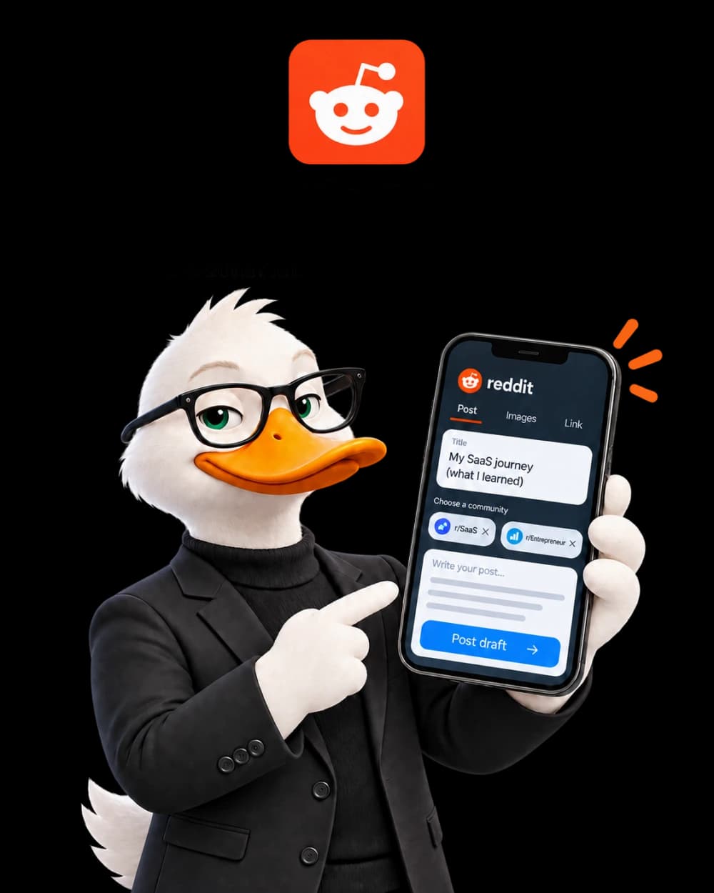 Marka duck preparing a Reddit post on a phone