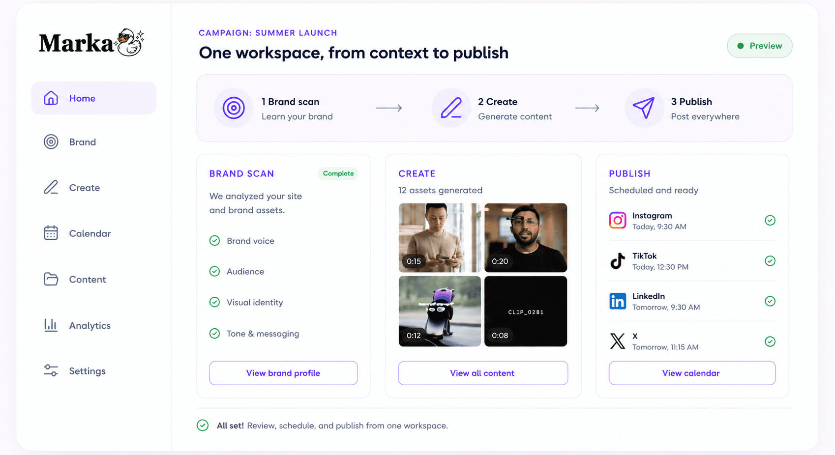 Marka campaign workspace showing brand scan, content creation, and publishing readiness